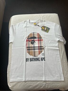Bape White Short-Sleeve Tee with Plaid Ape Head Graphic